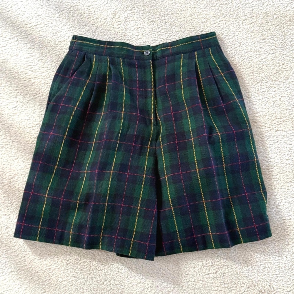 Joan Leslie Vintage Plaid Wool Blend Shorts Green Navy Blue Pleated High Waist